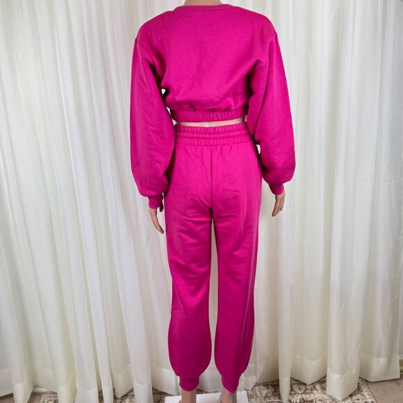 Zenana 2 Pcs Crop Sweatshirt Tracksuit High Waist Jogger Set Active Hot Pink - Picture 6 of 13